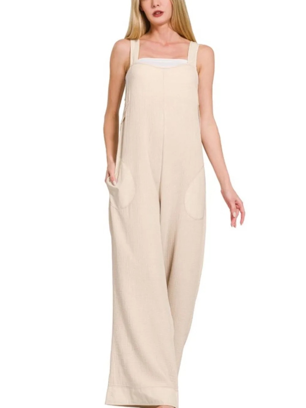 Zenana Outfitters Cotton Gauze Jumpsuit sand beige